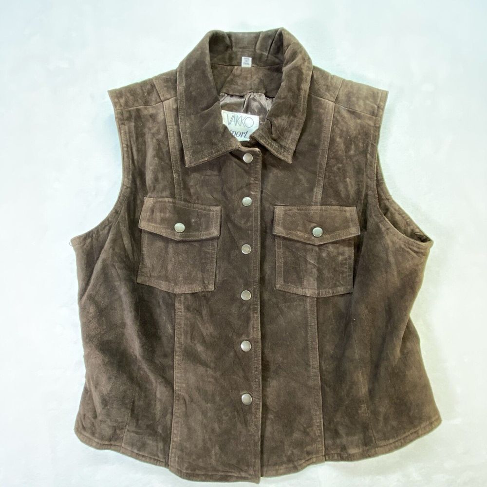 Vakko Vest Womens M Brown Leather Suede Collared snap front Pockets Lined